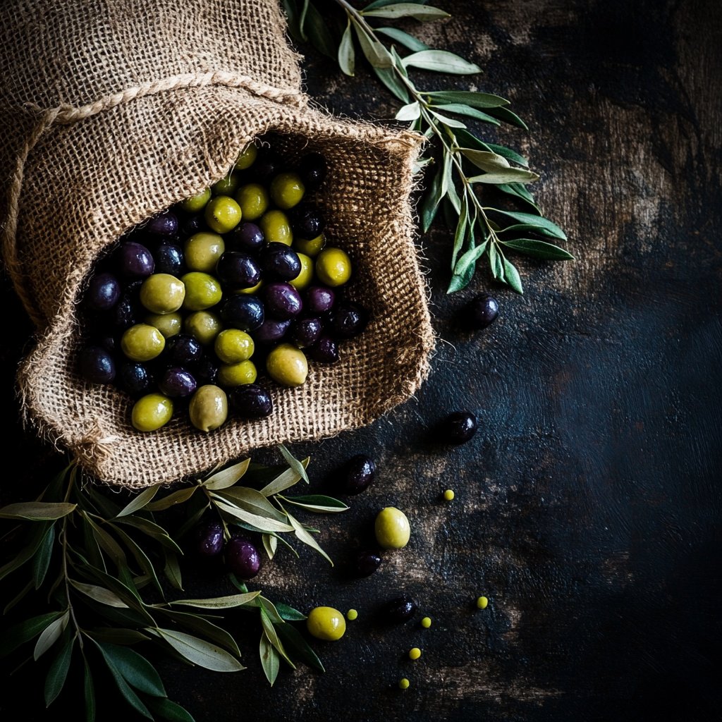 Fresh harvested green and black olives in burlap sack — Xalona, Maroni Cyprus